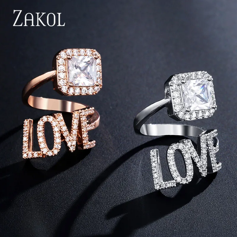 ZAKOL модные открытые кольца с надписью Love для женщин кольцо блестящим цирконием