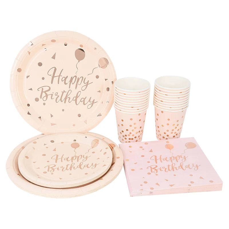 

10 Guests Party Disposable Tableware Set Happy Birthday Rose Gold Paper Plates Cup Napkin Baby Shower Girls Kids Birthday Decor