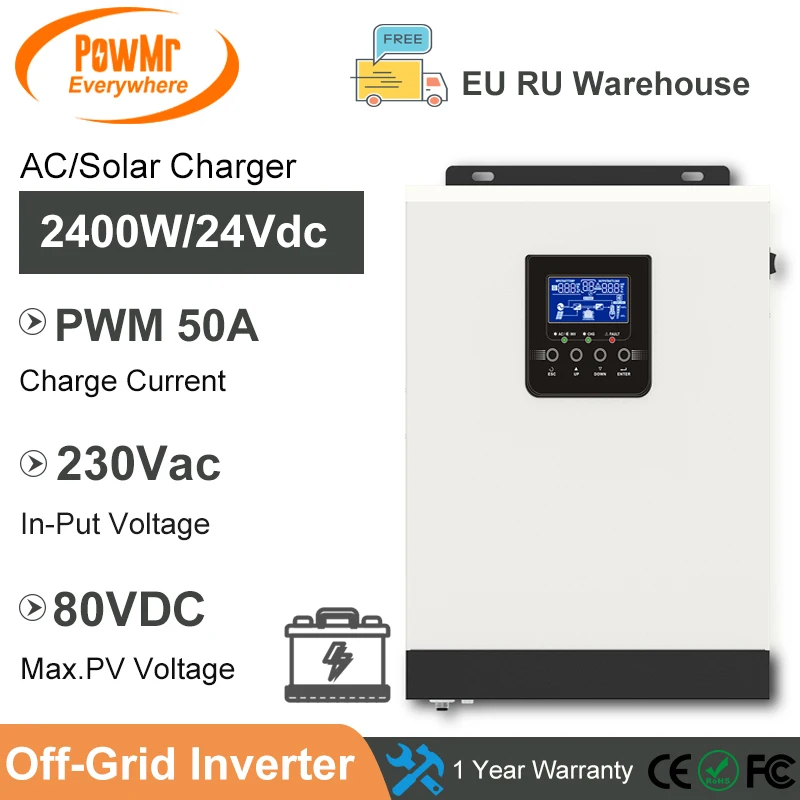 

PowMr PWM 50A Pure Sine Wave 2400W 24V Solar Charger Controller 50Hz/60Hz 220V Off Grid Hybrid 3KVA Battery Charger Inverter