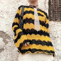 dourbesty patchwork stripes loose sweaters women knitting pullovers long sleeve hollow out oversized sweater grunge coat top y2k