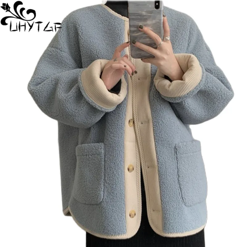 

UHYTGF Autumn Winter Jacket Women Quality Lambswool Casual Warm Coat Female Fashion Splicing Single Breasted Loose Outewear 2343