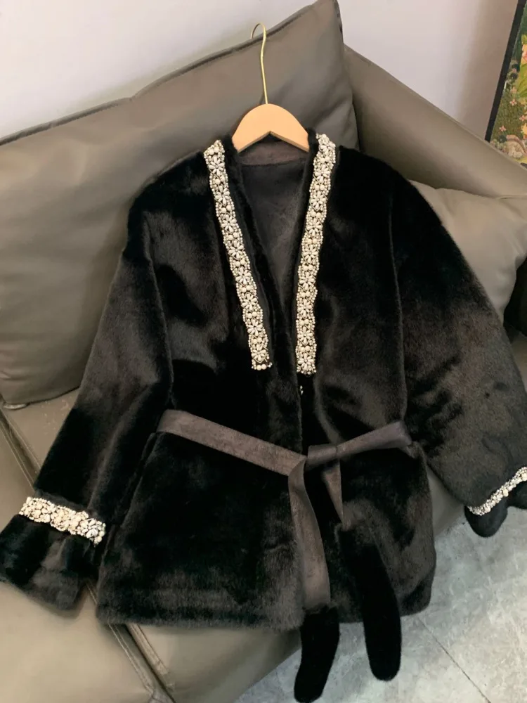 UCXQ Элегантная женская куртка в европейском стиле с жемчугом и v-образным вырезом