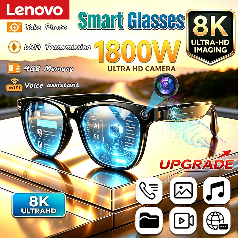 Фото Умные очки Lenovo 1800W 8K HD с ИИ, функцией громкой связи, переводом, записью чатов, воспроизведением музыки, для мужчин и женщин. №1