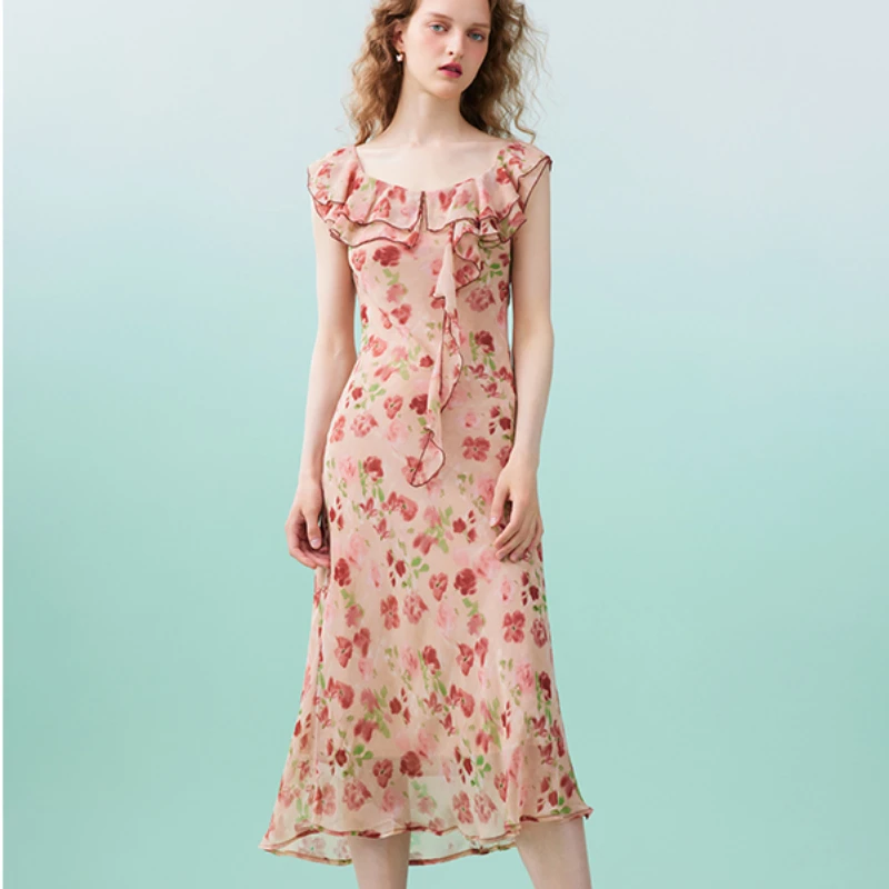 

Sexy Ruffle Backless Long Dress for Women Fashion Sleeveless Slim Floral Chiffon Dress Elegant Vacation Vestidos Female