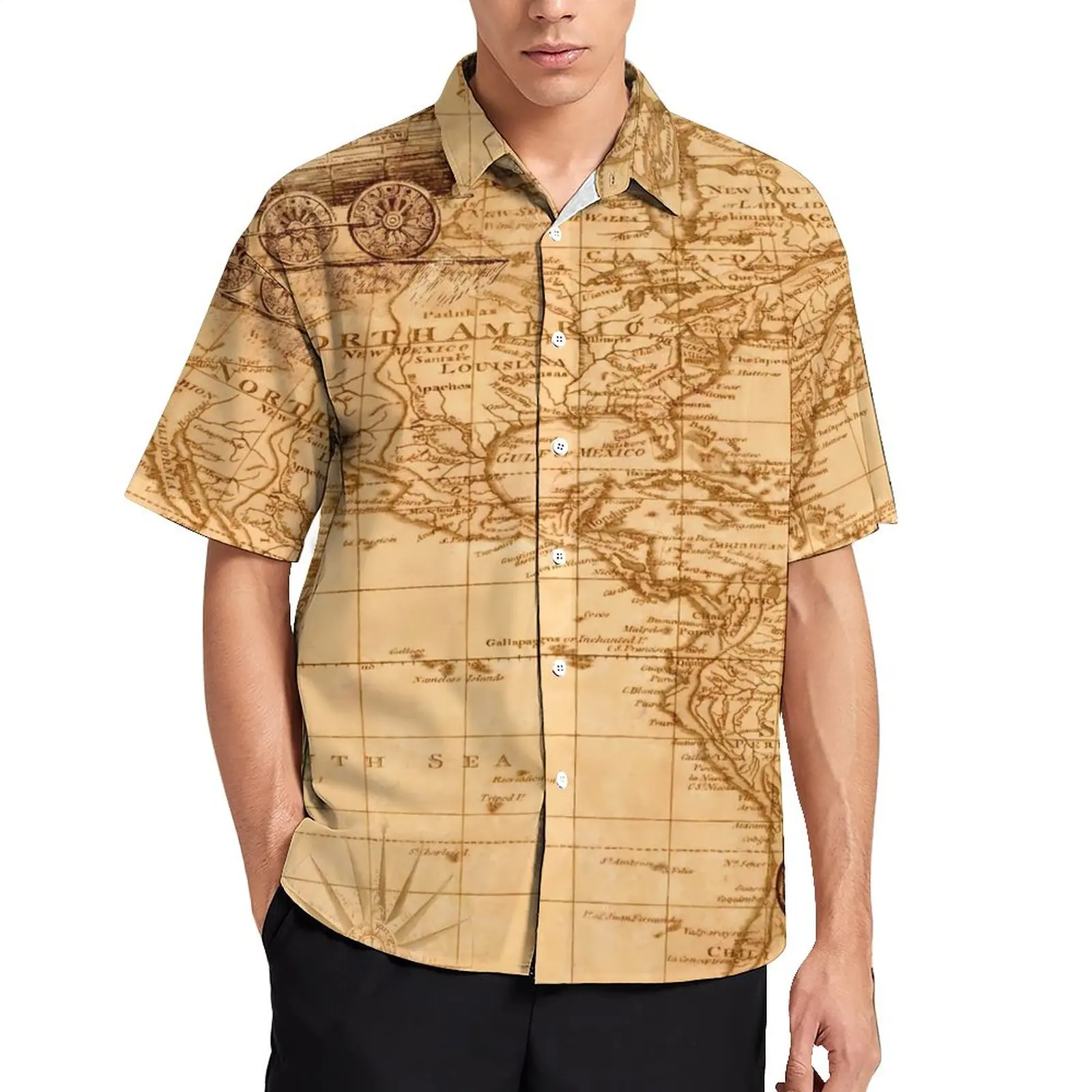 

Рубашка мужская с принтом «Старая карта», Повседневная Блузка для отпуска в ретро стиле, с графическим принтом, винтажная блузка, большие размеры, на лето
