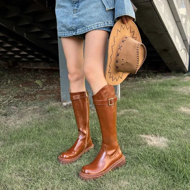 High Heels Thick Platform Long Boots Women 2022 Spring Autumn Pu Leather Motorcycle Botas Woman Back Zipper Thick Heeled Shoes