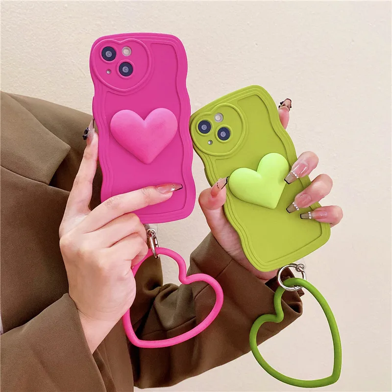 

Solid Wave Silicone 3D Love Heart Wristband Phone Case For iPhone 7 8 X XR XS 11 12 13 14Plus Pro Max Full Protection Back Cover