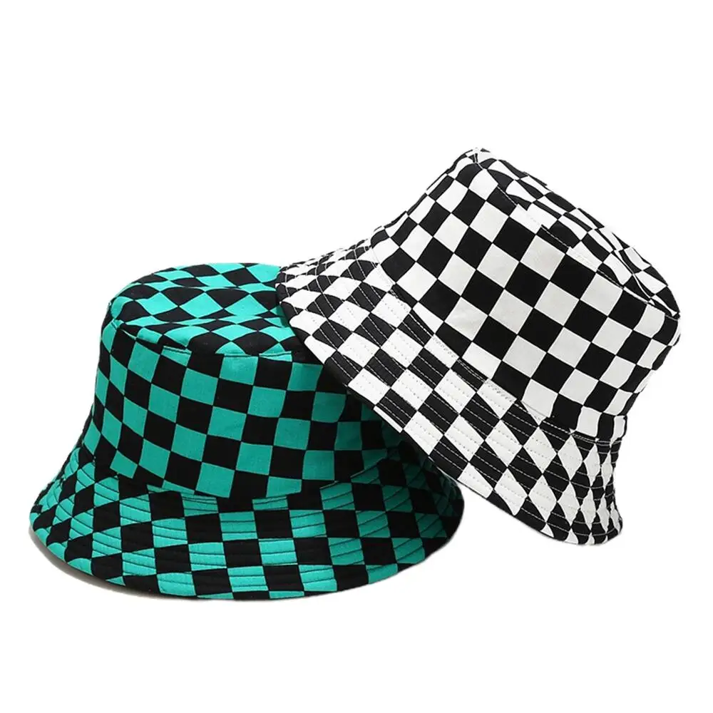 

2022 New Cotton Plaid Hat Men Spring Summer Outdoor Travel Panama Male Casual Double-sided Basin Caps Fasion Bucket Hats