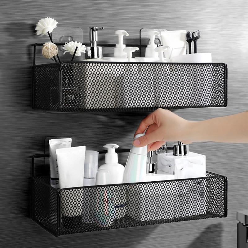

Black Wall-mounted Bathroom Shelf Shower Shampoo Rack Toilet Accessories Kitchen Free Punch Condiment Storage Basket