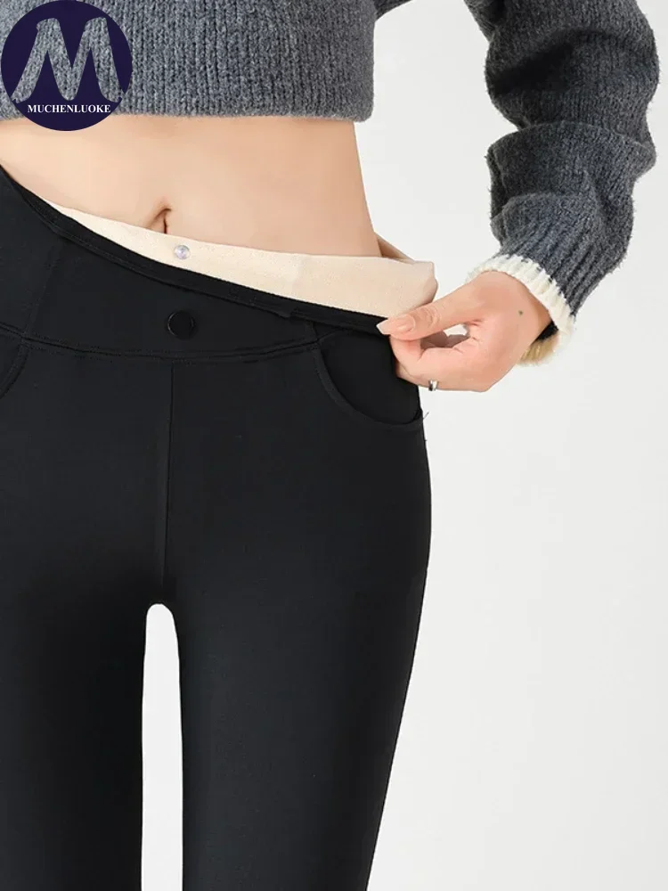 Черные леггинсы с карманами для женщин одежда теплые бархатные осенние