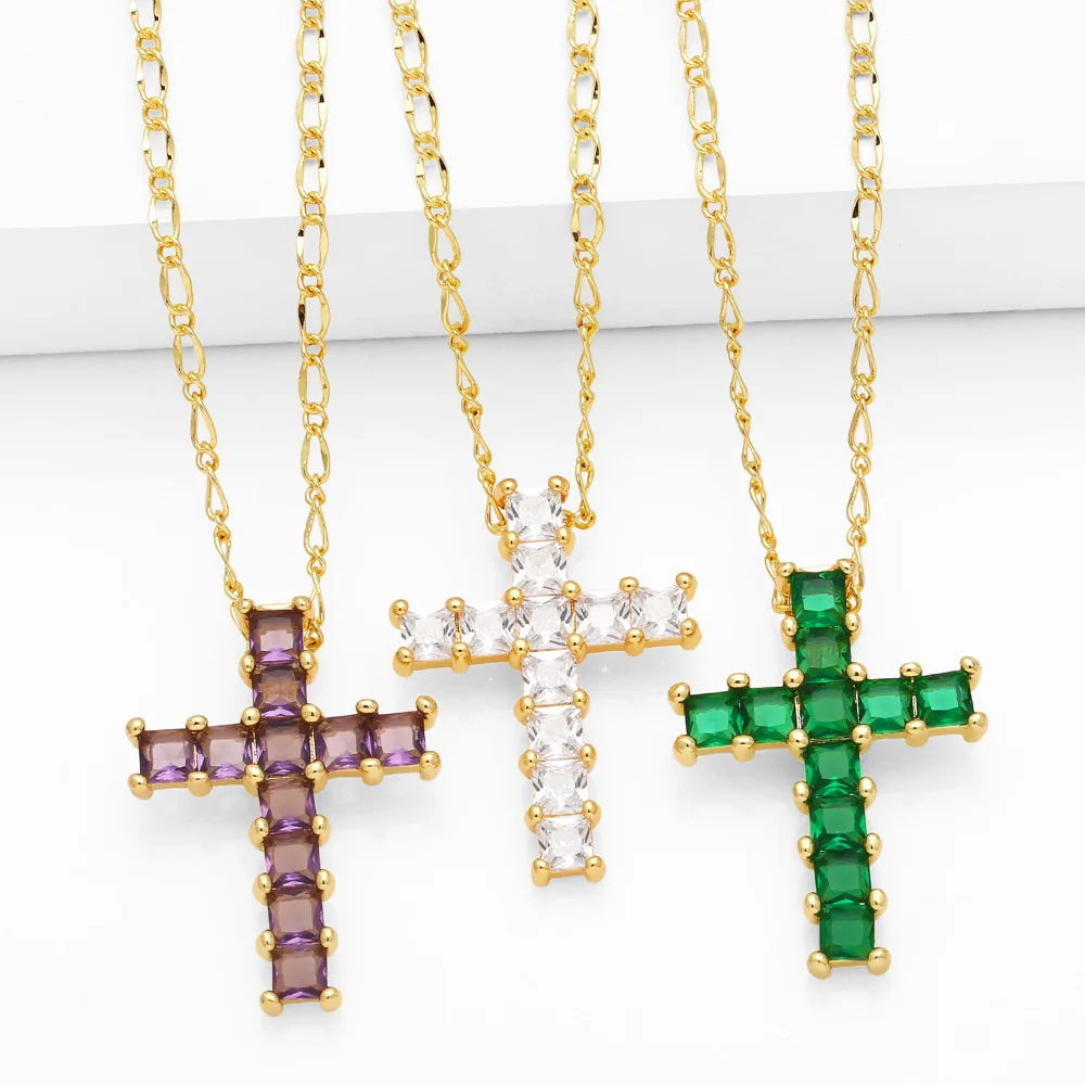 FLOLA зеленая фотосессия для женщин медный CZ Иисус крест позолоченное ожерелье