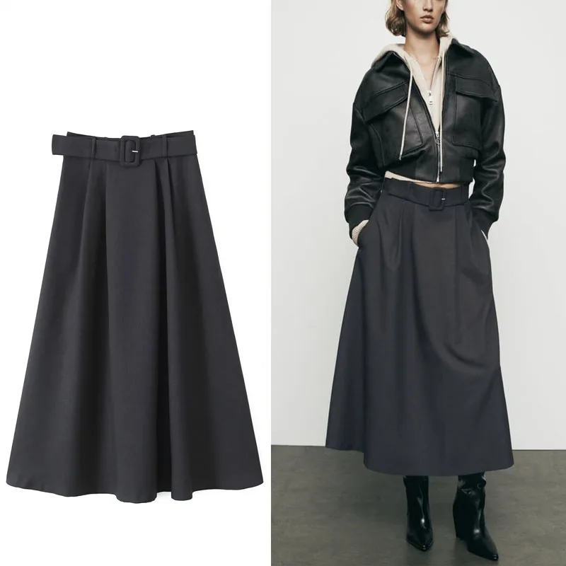 

TRAF Women Belted Cape Skirt Black High-waist Pleated Midi Skirt Chic A-line Long Skirt Autumn High Street Outwear Female Skirt