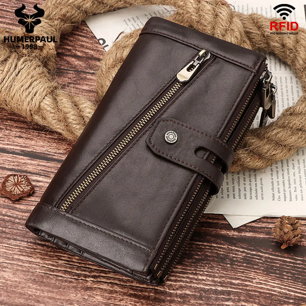 

Long Genuine Leather Men Wallet with Phone Bag Hasp Zipper Coin Pocket RFID Multi Card Holder Purse Quality Male Clutch Portfel