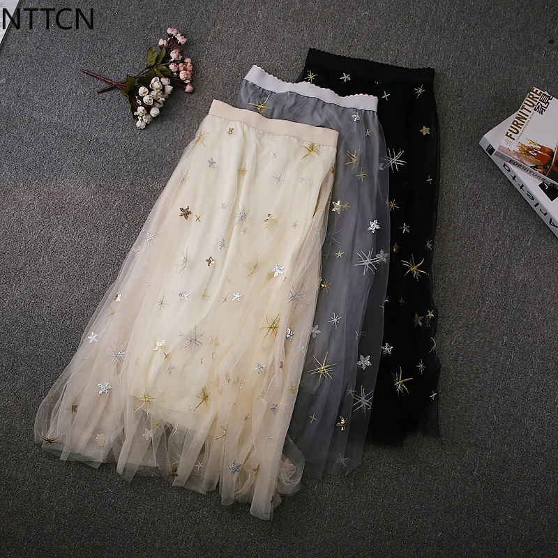

2021 Women Long Sequined Stars Elastic Waist Pleated A-line Maxi Skirts Beach Boho Vintage High Waist Summer Skirts Faldas Saia