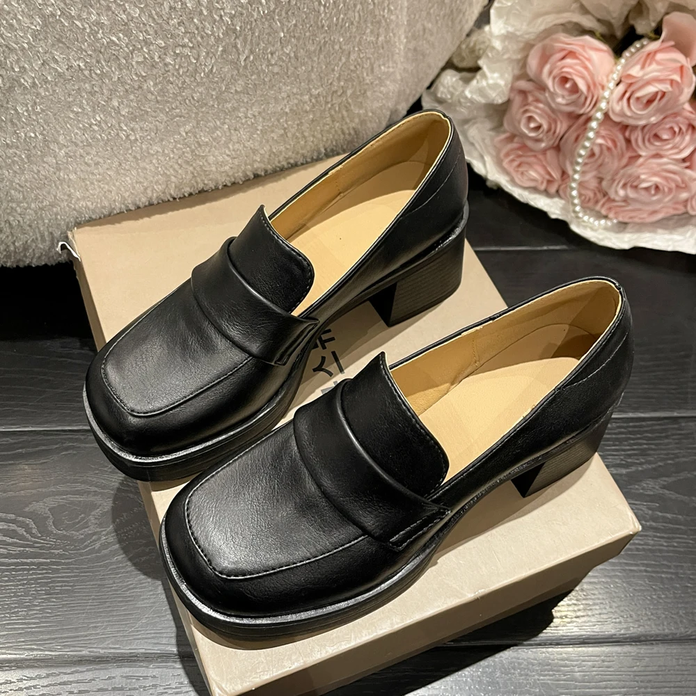 Loafers women's British style 2023 spring thick heel everything vintage Mary Jane leather shoes women's high heel single shoes