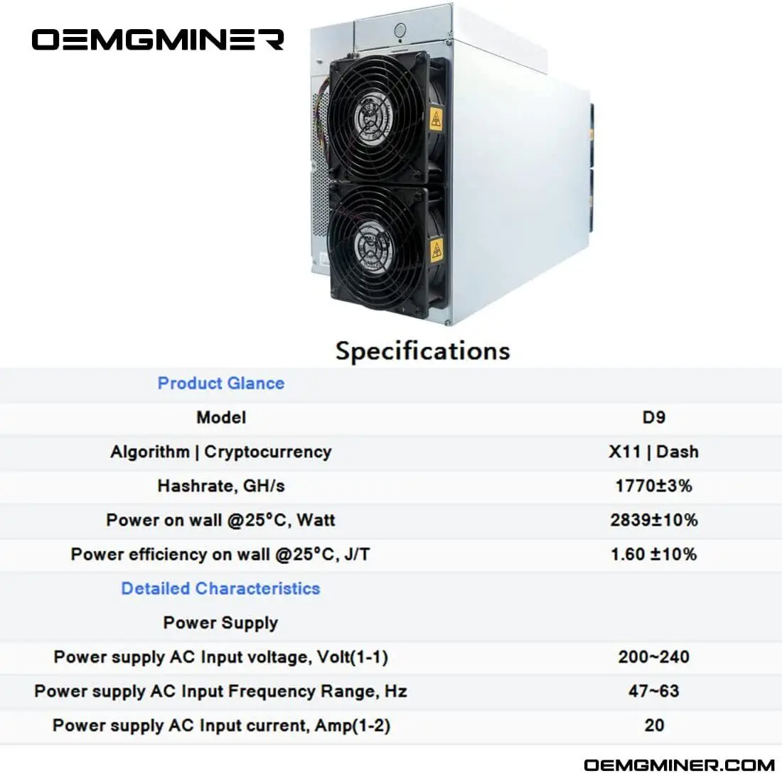 

Новинка Bitmain Antminer Dash Miner D9 Hashrate 1770G Мощность 2839 Вт с блоком питания