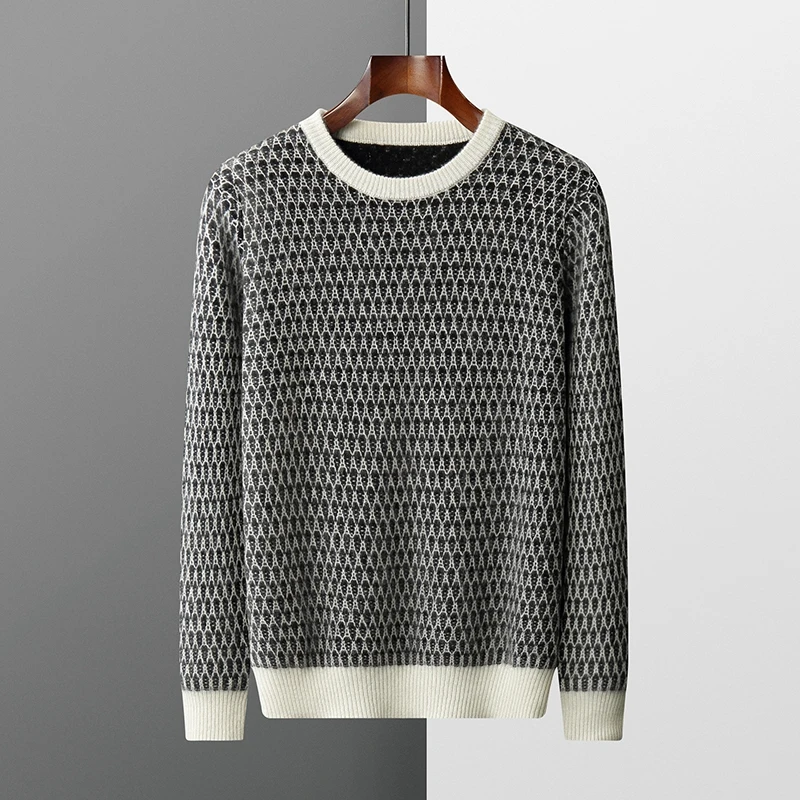 100% pure cashmere sweater men's round neck jacquard top autumn and winter new fashion retro color blocking pullover sweater