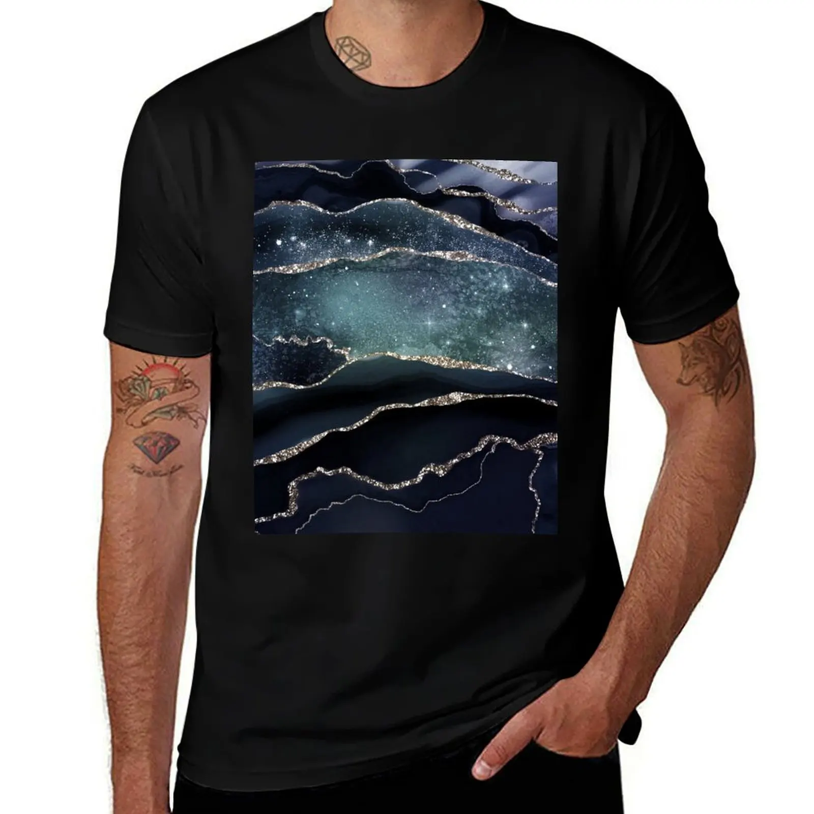 Фото Футболка Glamour Night Black Milky Way Faux Marble Galaxy для бега и занятий спортом с короткими рукавами №1