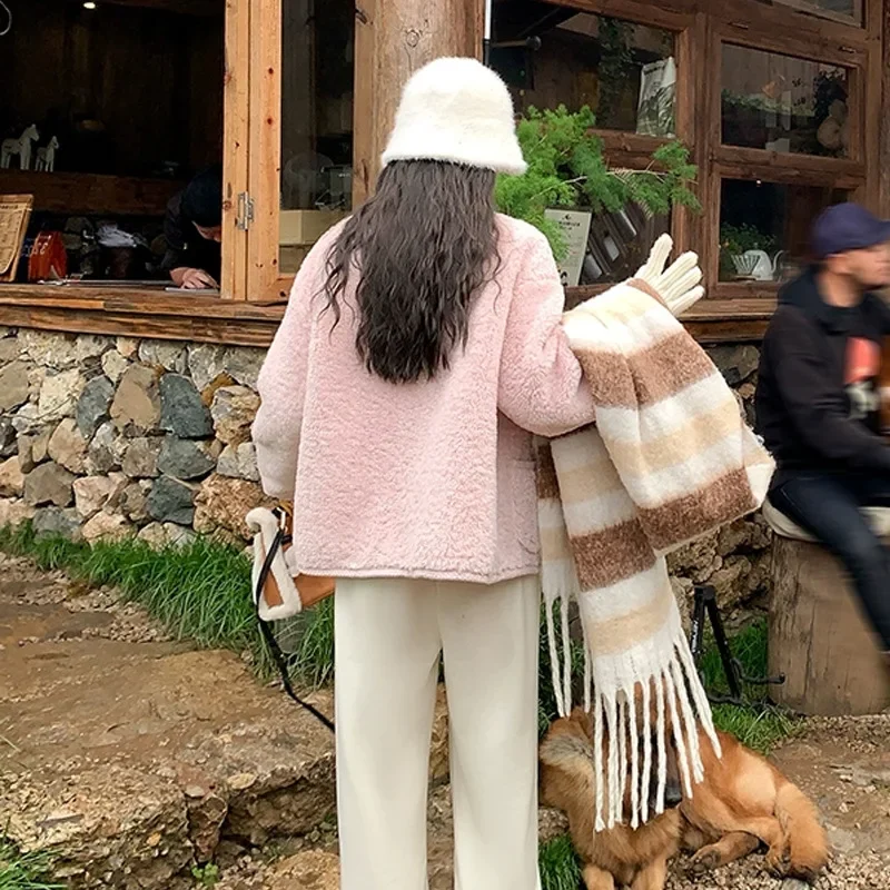 Shiyi розовая мягкая куртка из овечьей шерсти новинка 2024 зимний женский