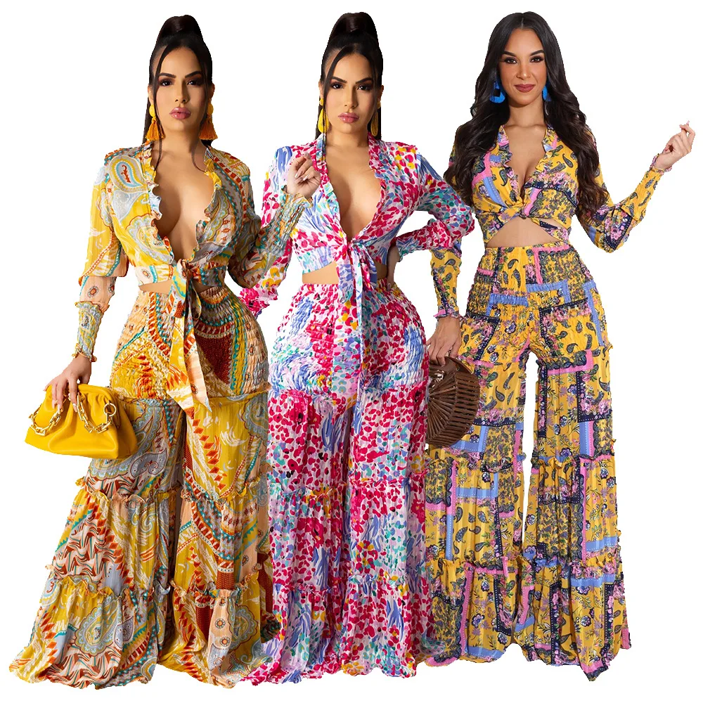 

Autumn Women Set Full Sleeve V-neck Tops Wide Leg Pants Two 2 Piece Sets Street Tracksuit Chiffon Beach Outfits