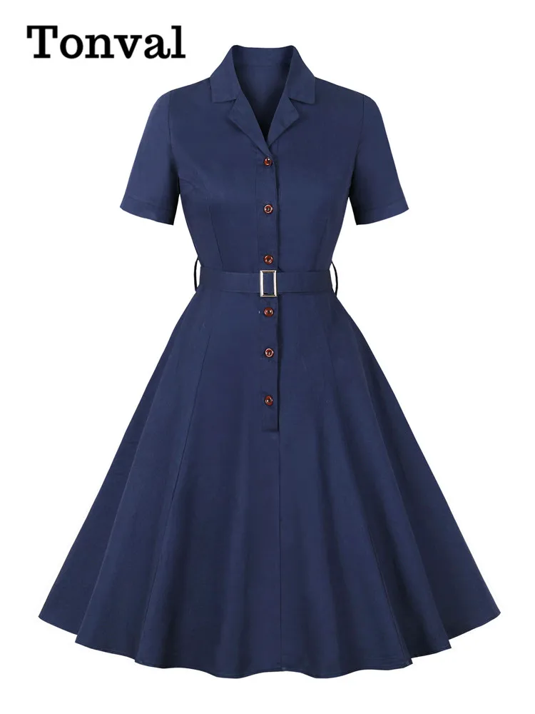 

Tonval Notched Collar Single-Breasted Solid Color Vintage Dress Short Sleeve Belted Formal Occasion Women Cotton Dresses