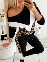 two piece set women tracksuit spring clothes leopard printed splicing sweatshirt top and pants jogging sets female sport outfits
