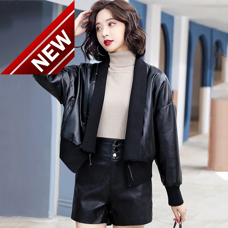Leather Jacket Women's Genuine Spring Knitted Patchwork Batwing Sleeve Outerwear Casual Drawstring Design Short Sheepskin Jacket