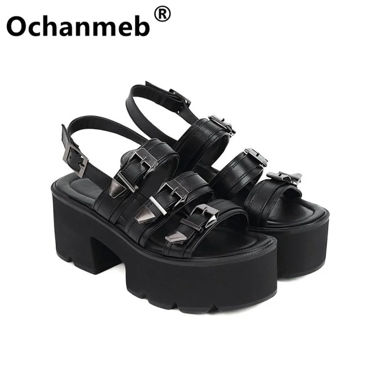 

Женские сандалии-гладиаторы Ochanmeb, босоножки на толстой платформе и квадратном каблуке, с множеством пряжек, черные, коричневые, размер 43, в с...