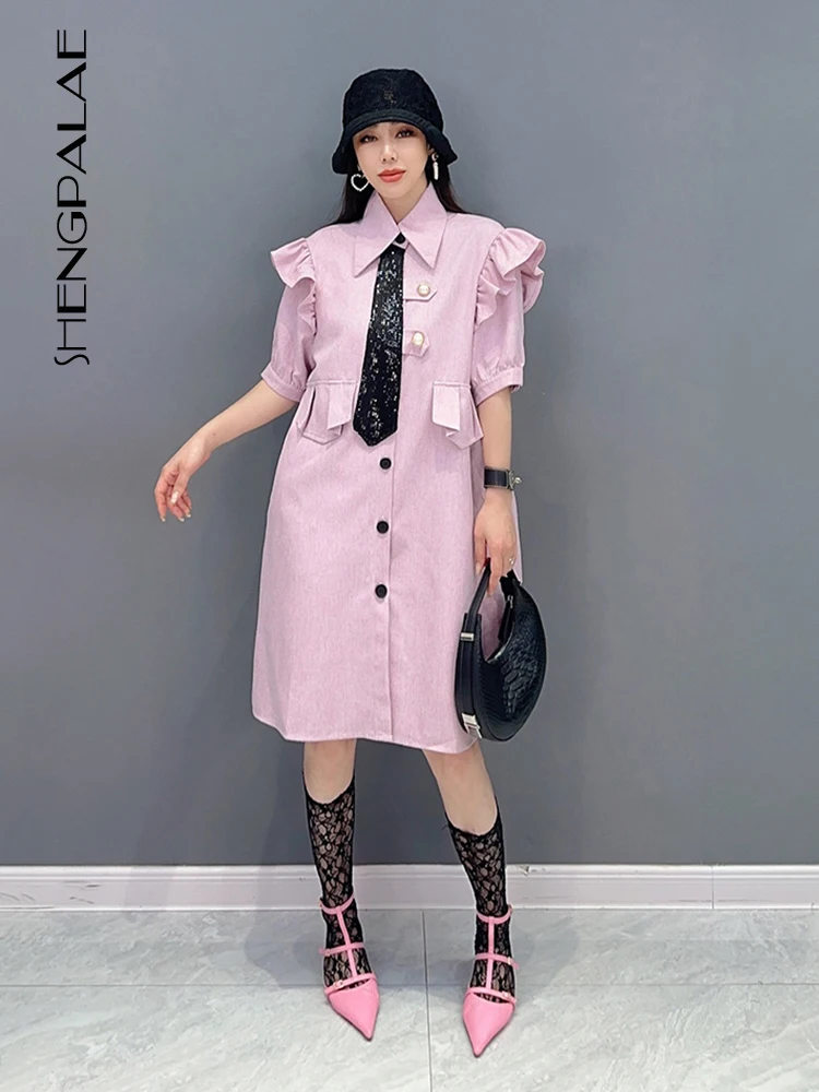 SHENGPALAE Fashion Women's Suit Dress Lapel Necktie Pearl Button Ruffles Short Sleeve Patchwork Vestido Summer 2023 New 5R3880