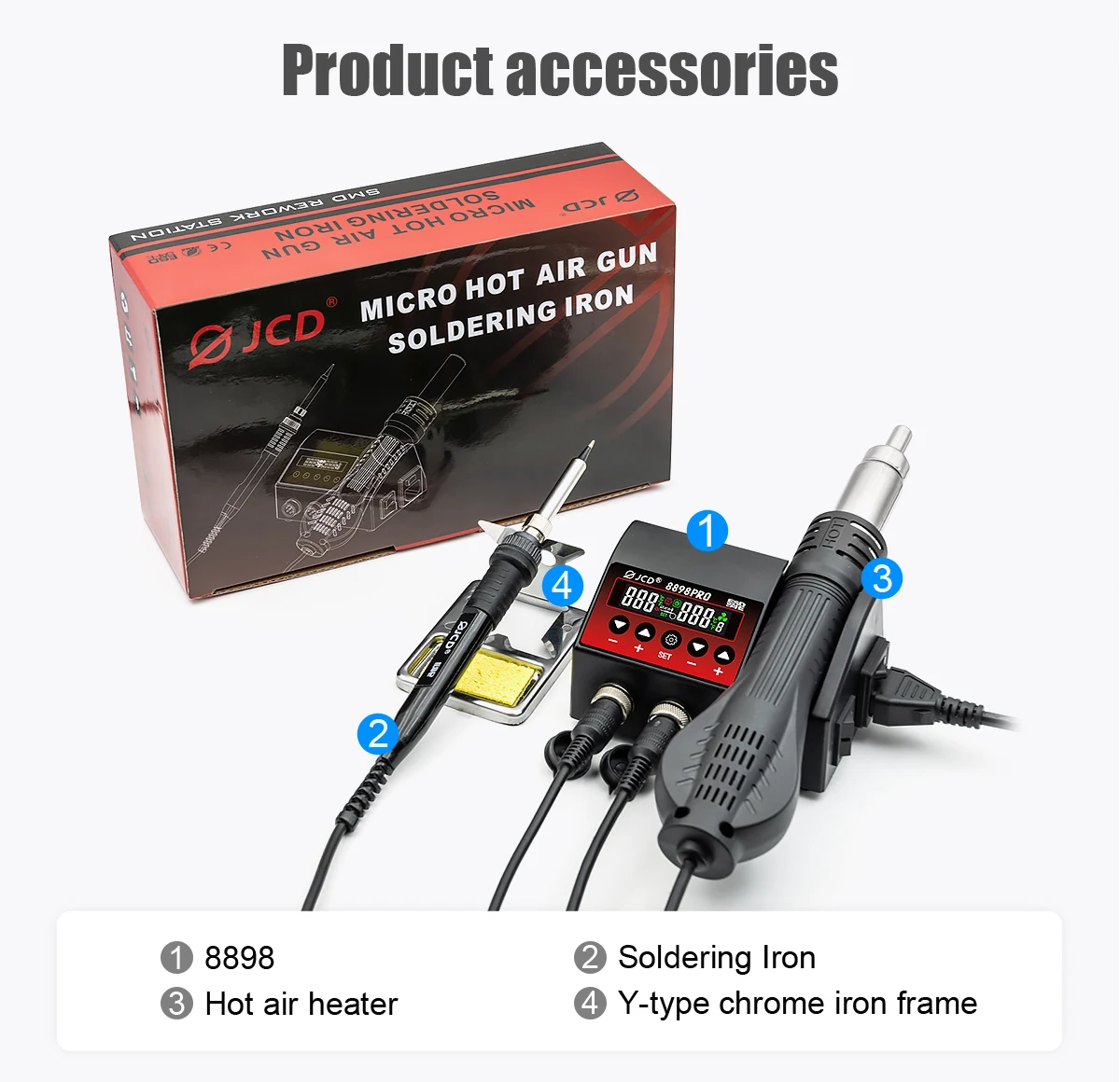 

JCD 8898Pro Паяльная станция 2-в-1 ЖК-дисплей 750 Вт Регулируемая температура Управление расходом воздуха BGA SMD Сварочные паяльные инструменты