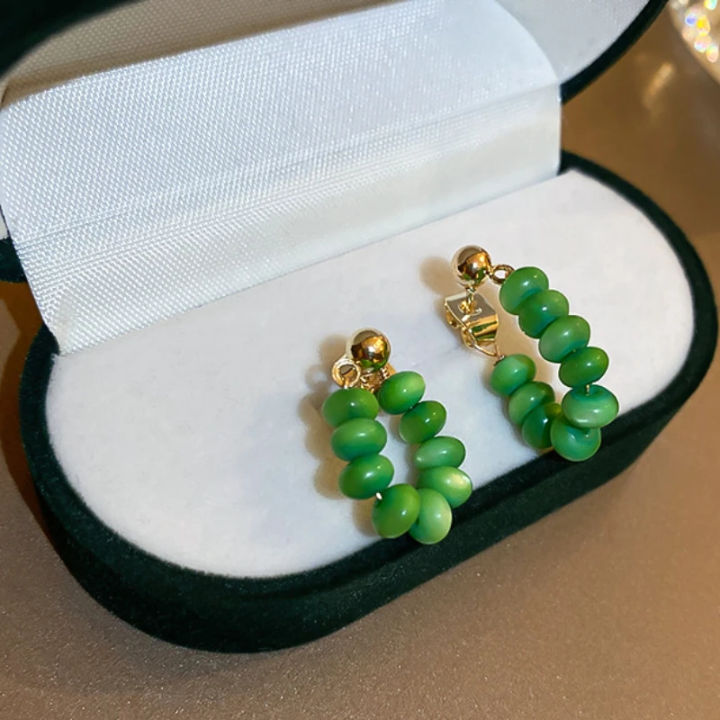

2022 New Creative Green Opals String Gold Metal Earrings Party Women's Luxury Jewelry Wedding Unusual Accessory for Girl’s Gift