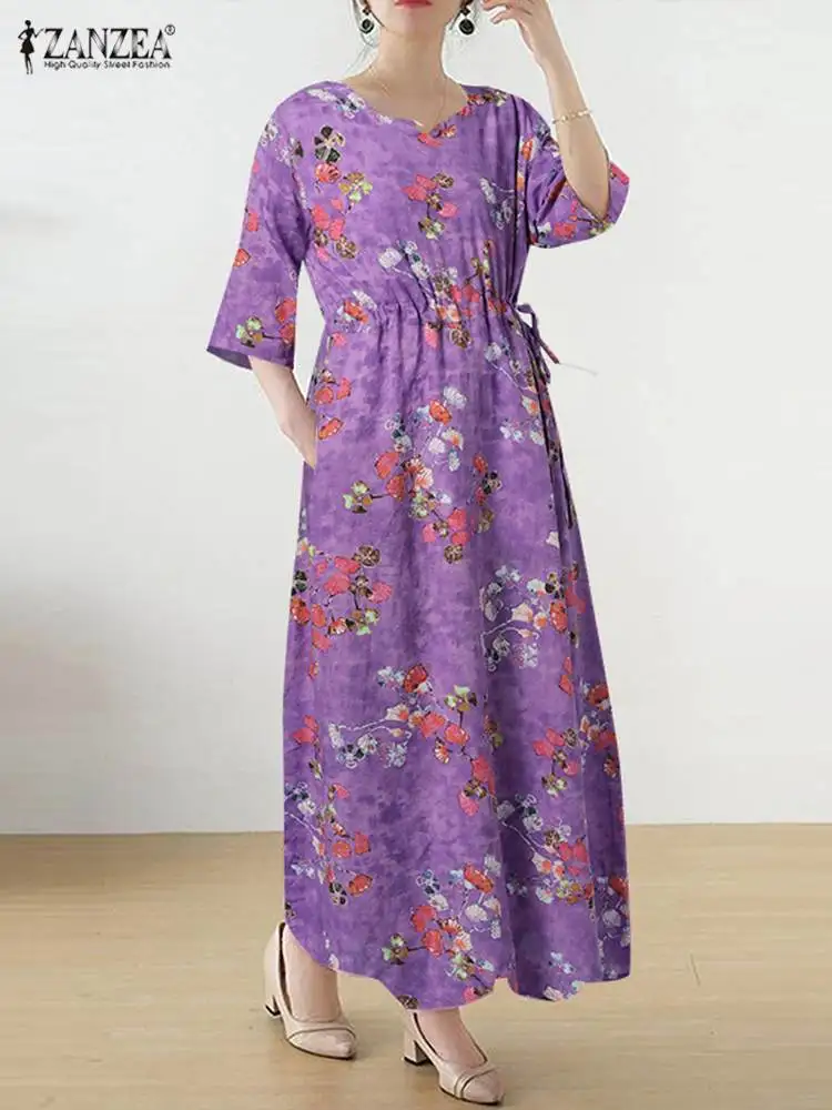 

Платье ZANZEA с цветочным принтом, элегантное платье в Корейском стиле из хлопка и льна, богемные Модные халаты с рукавом 3/4, повседневное женское платье миди с поясом