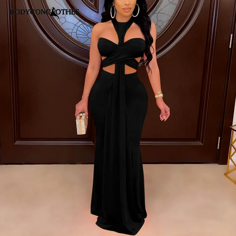 

Bodyconclothes 2022 Women's Dress Solid Color Sleeveness Off Shoulder Party Dresses Hollowed Out Sexy Maxi Dresses for Women