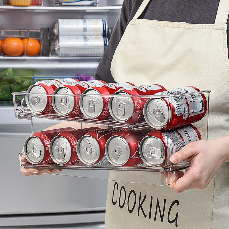 

2-Tier Rolling Refrigerator Organizer Bins, Soda Can Storage Rack Container Drink Beverage Dispenser For Freezer