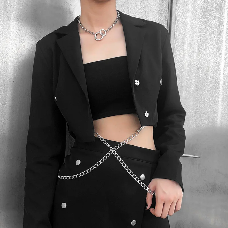 Women Gothic Chain Short Blazer Solid Color Single Breasted Short Suit Street Indie Fashion Punk Clothing Cool Girl Blazer Suits