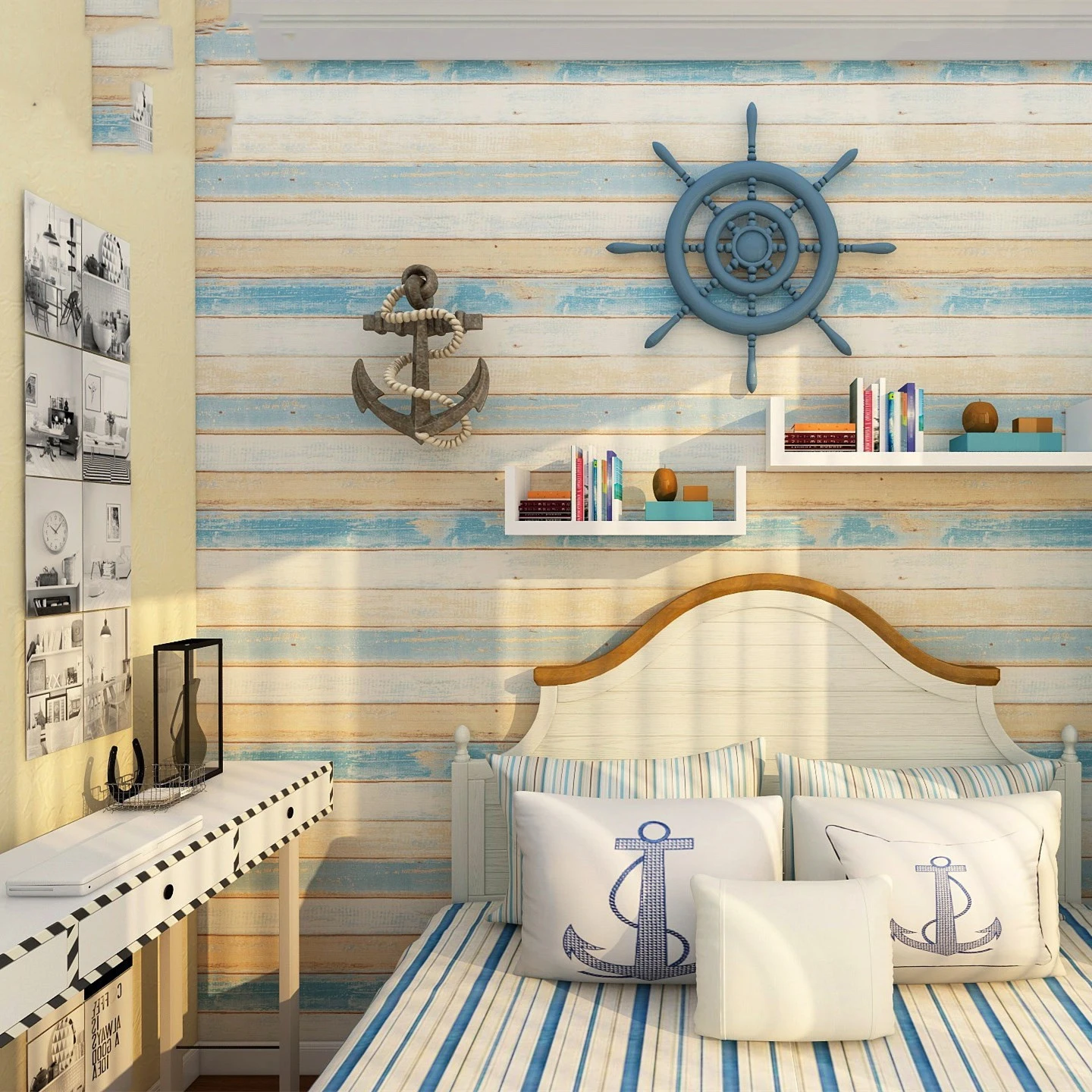 Средиземноморские самоклеящиеся зернистые обои в полоску под дерево Ретро