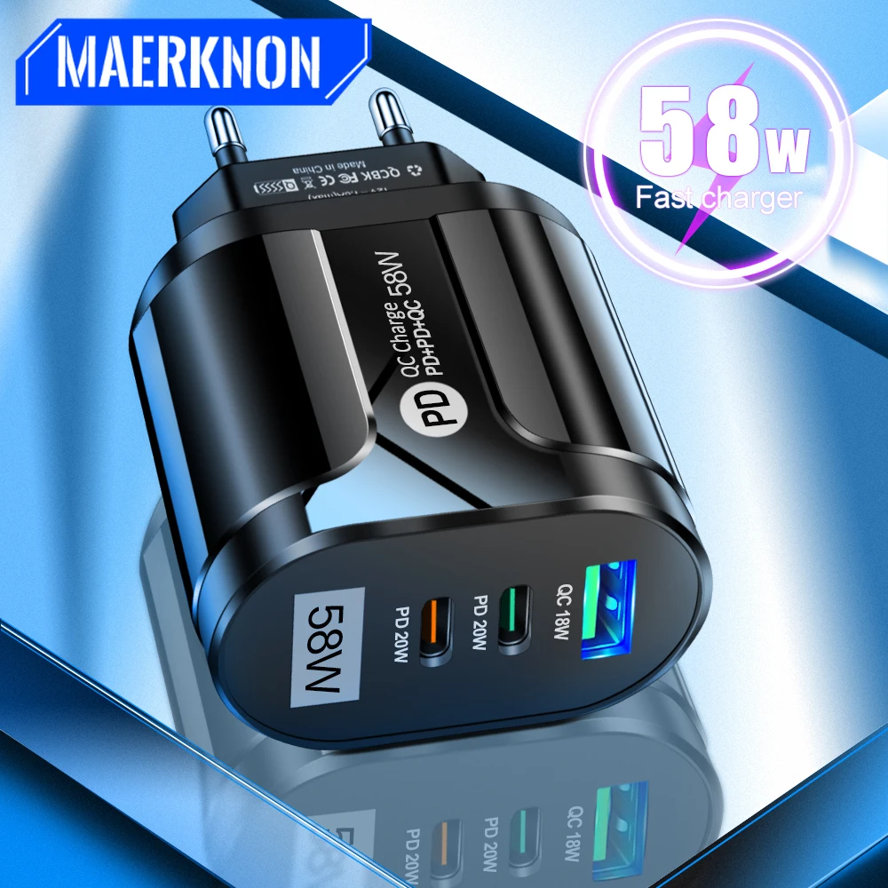 

58W Type C PD Fast Charger Quick Charge 3.0 for iPhone 14 13 12 Pro Max Tablet Wall Mobile Phone Charger Adapter USB Charger