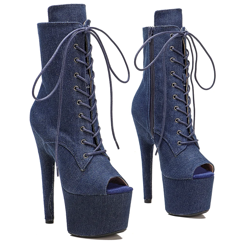 Leecabe Matt PU 17CM/7inches denim PU Pole dancing shoes High Heel platform Boots Pole Dance boot