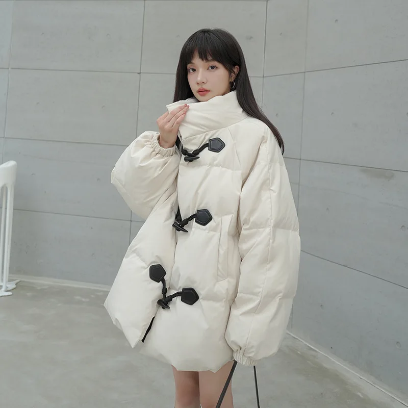 Winter Clothes Horn Button Loose Hooded Cotton Padded Jacket Coat Women Fashion Korean Thick Warm Parkas