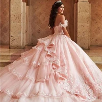 2022 mexican sweet 16 pink quinceanera dresses lace applique ruffles train ball gown prom dress crystal vestidos de 15 a%c3%b1os