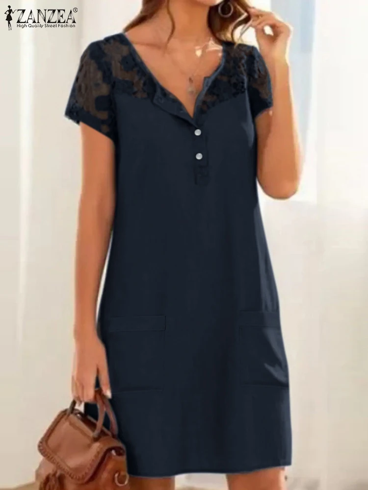 Fashion Lace Patchwork Dress Women Demin Sundress ZANZEA 2022 Casual Short Sleeve Mini Vestidos Female Button Robe Femme