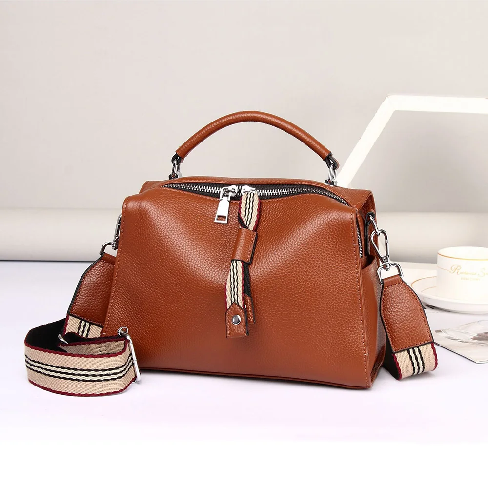 Fashion Trend Genuine Leather Woman Handbag Purse Wide Striped Strap Shoulder Bag High Capacity Boston Bags Female Crossbody Bag