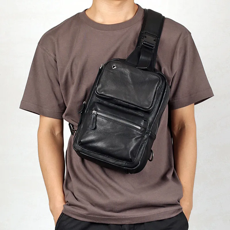 Casual high-quality first-layer cowhide men's black chest bag fashion outdoor luxury natural soft genuine leather crossbody bag