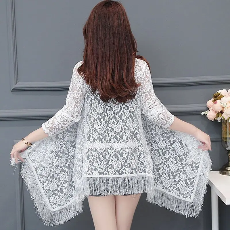 

2023 Women Lace Shawl Tops Coat Summer Female Thin Sun Protection Clothing Ladies Loose Jacket Mid-Length Cardigan Shirt A29