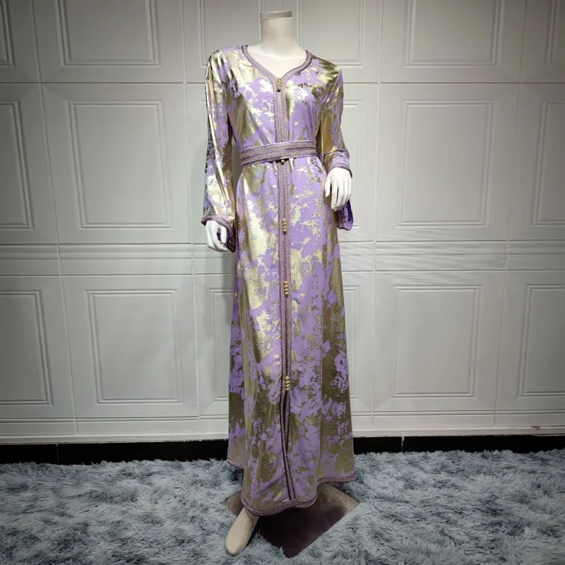 Arab Kaftan Jalabiya Women's Gold Stamping Lined Chiffon Muslim Long Dress Moroccan Caftan Evening Party Wedding Abaya Ramadan