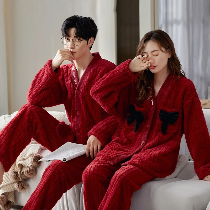 Yasuk Winter Fashion Women Men Casual Warm Soft Sleepwear Pajamas With Pant Velvet Fleecel Red Marry Couple Unisex Thick