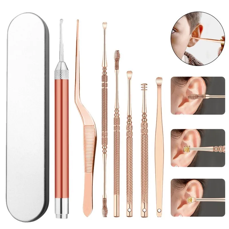 

7pcs/set LED Flashlight Ear Wax Pickers Cleaner Stainless Steel Earpick Wax Remover Curette Ear Pick Cleaner Ear Cleaner