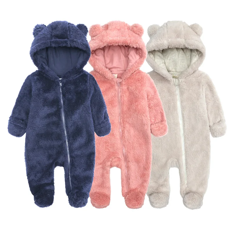 0-12M New Cute Bear Newborn Baby Boy Girl Clothes Long Sleeve Hoodes Zipper Baby Romper Clothes Autumn Winter Infant Clothing