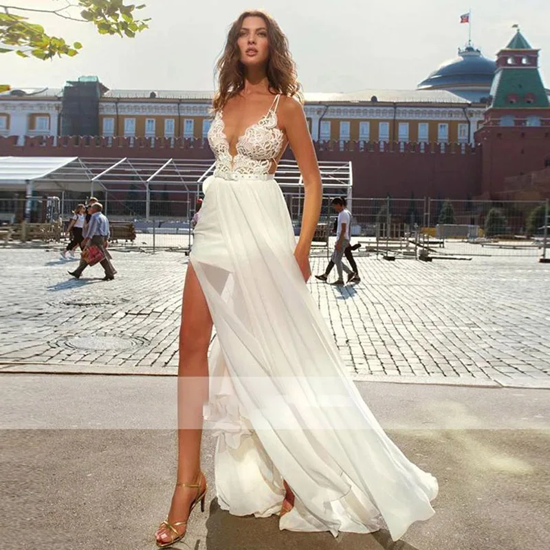 

Charming A-line Boho Wedding Dress Scoop Neck Floor Length Spaghetti Straps Split Appliques Bridal Gowns Custom Vestido De Noiva