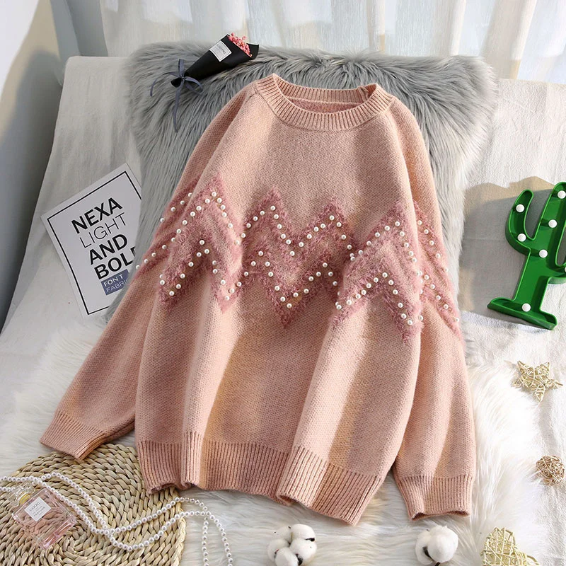 

Fashion Pearl Sweater Women Spring And Autumn Beading Knitted Pullover Female Loose Tops Casual O-neck Long Sleeve Warm Jumper
